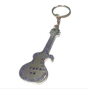 Handmade stamped “rock on” star pattern‎ guitar shaped bottle opener keychain